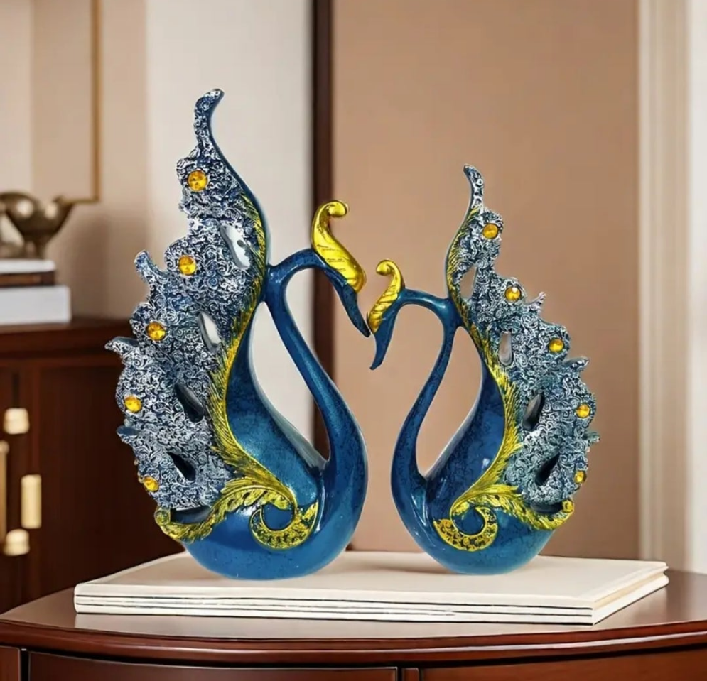 2pcs European-Style Resin Swan Sculpture Decorations, Golden And Blue Pair of Swans Statue
