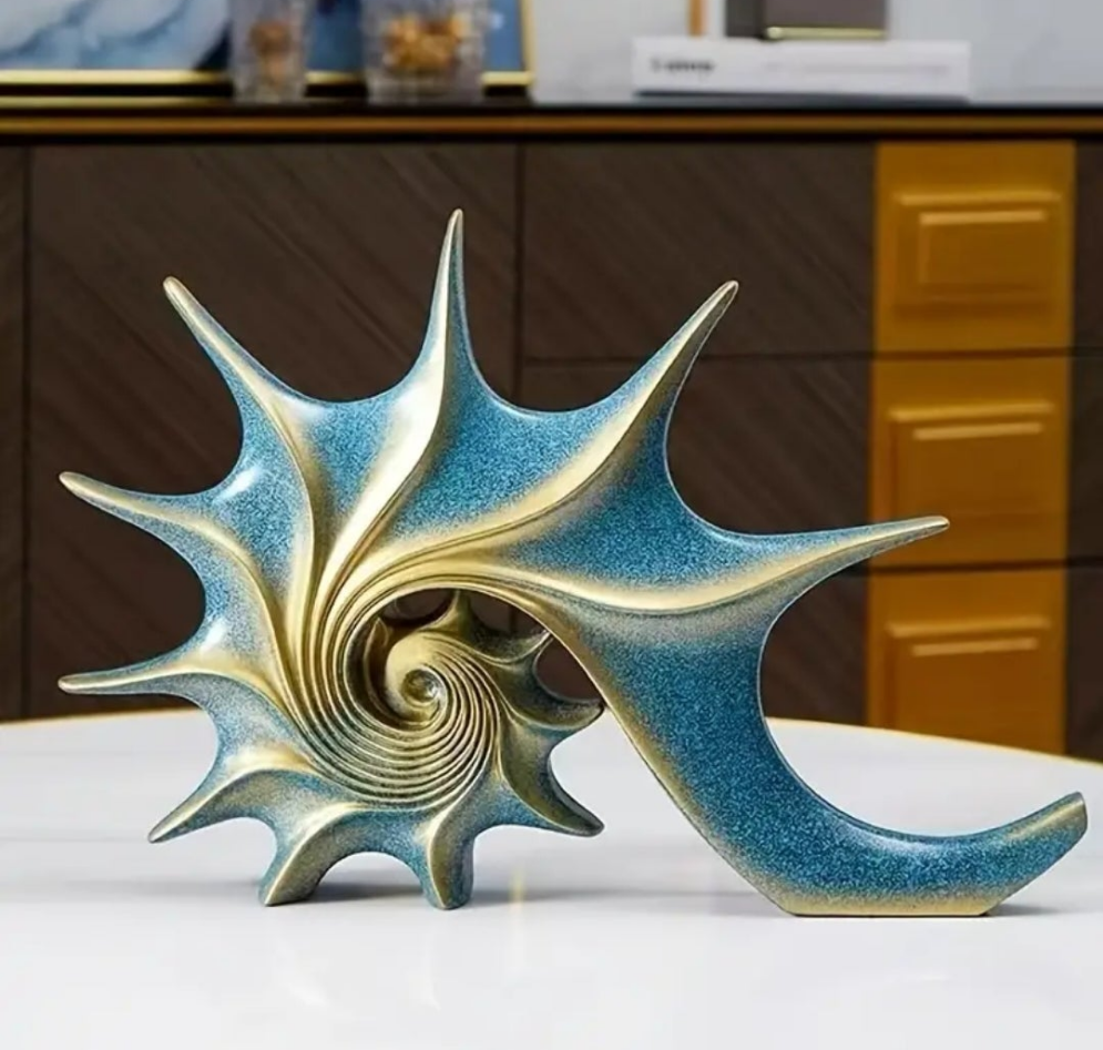 Luxurious Blue and Golden Resin Conch Sculpture