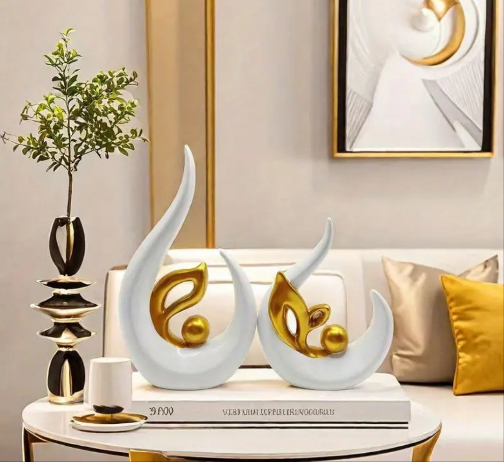 Art Deco Resin Sculptures, Set of 2 Decorative Flame-Shaped Statues with Golden Accents