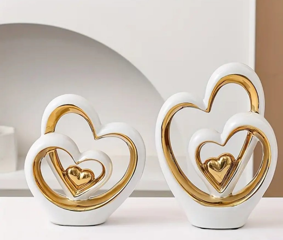 Classic Luxury Valentine Statues Set of 2 - Ceramic Heart Sculpture Vase Decor