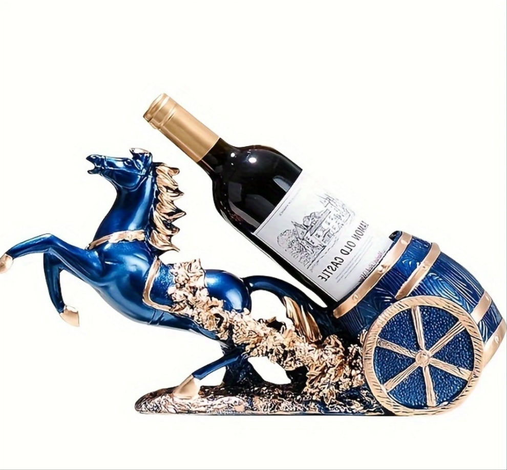 1pc Elegant European-Style Horse Wine Rack - Luxurious Blue and Golden Resin