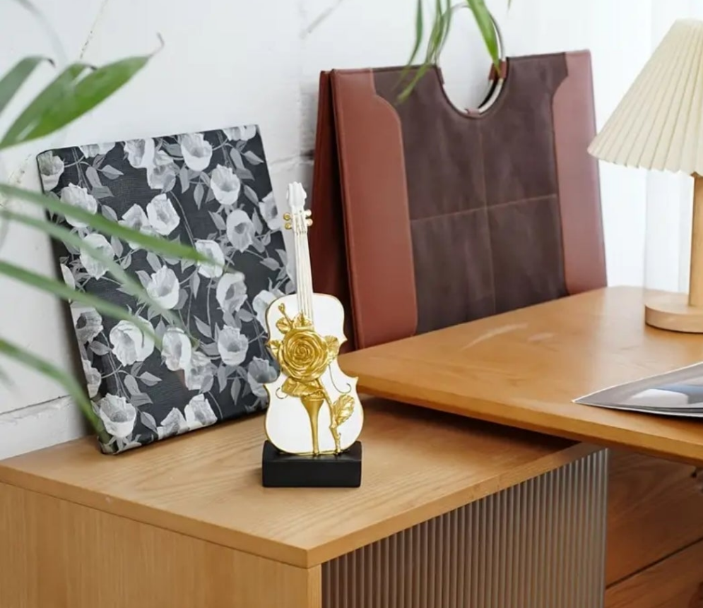 Elegant Golden Rose Violin Resin Sculpture