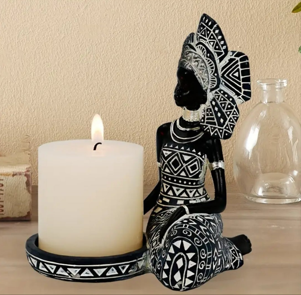1pc, African Lady Figurine Candle Holder With African Tribal Totem