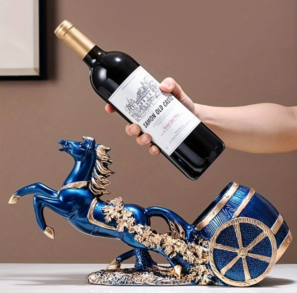 1pc Elegant European-Style Horse Wine Rack - Luxurious Blue and Golden Resin