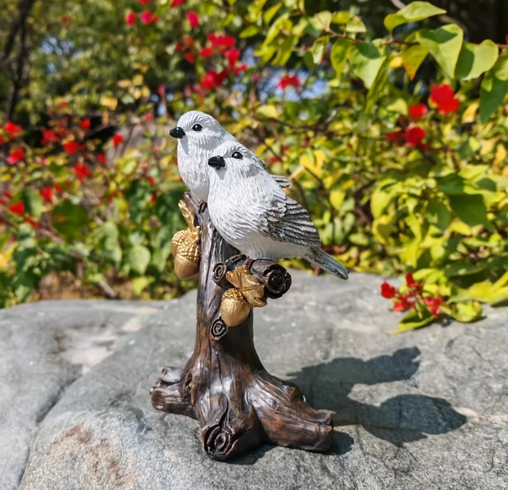 A Pair of Resin Acorn Bird Figurines, Hand-Painted