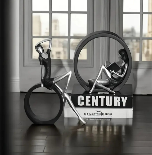 1 Smart Woman And Reading Girl Statue-Black