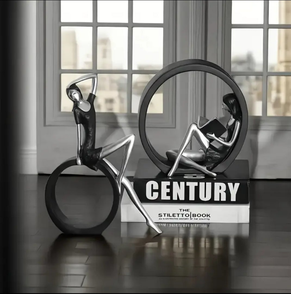 1 Smart Woman And Reading Girl Statue-Black