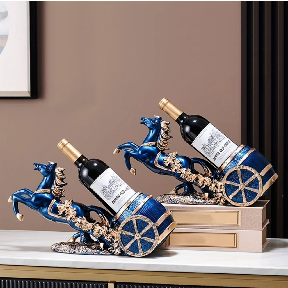 1pc Elegant European-Style Horse Wine Rack - Luxurious Blue and Golden Resin