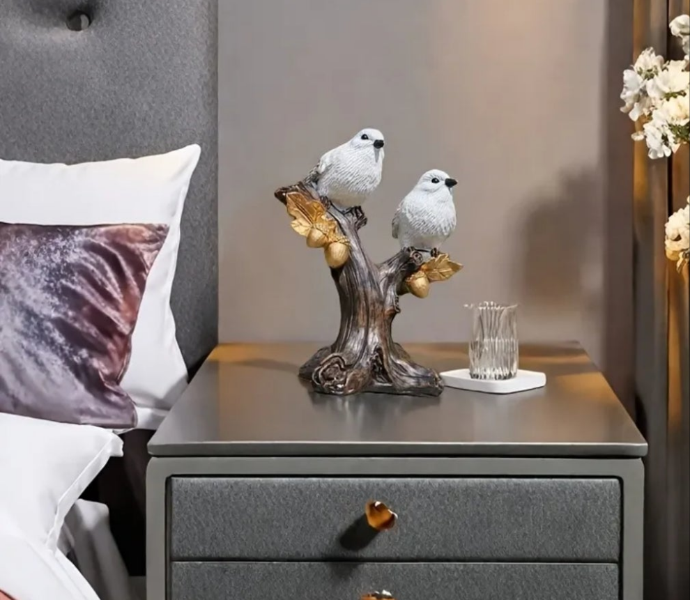 A Pair of Resin Acorn Bird Figurines, Hand-Painted