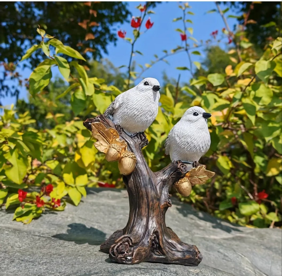 A Pair of Resin Acorn Bird Figurines, Hand-Painted