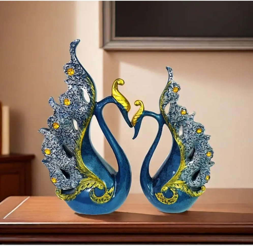 2pcs European-Style Resin Swan Sculpture Decorations, Golden And Blue Pair of Swans Statue
