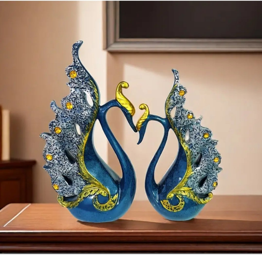 2pcs European-Style Resin Swan Sculpture Decorations, Golden And Blue Pair of Swans Statue