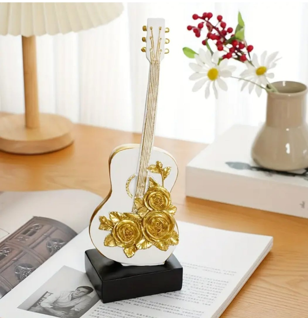 Elegant Golden Rose Violin Resin Sculpture