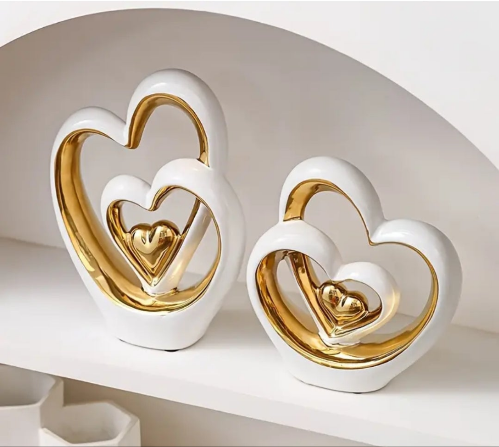 Classic Luxury Valentine Statues Set of 2 - Ceramic Heart Sculpture Vase Decor