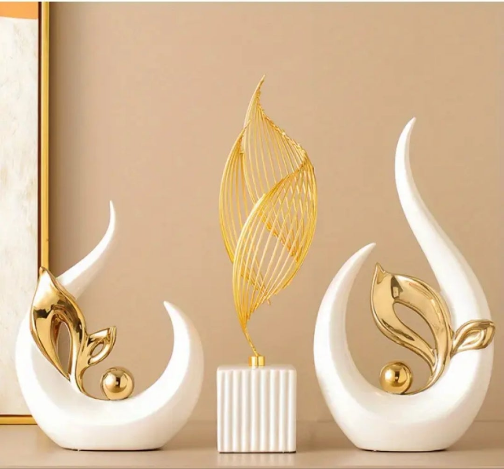 Art Deco Resin Sculptures, Set of 2 Decorative Flame-Shaped Statues with Golden Accents