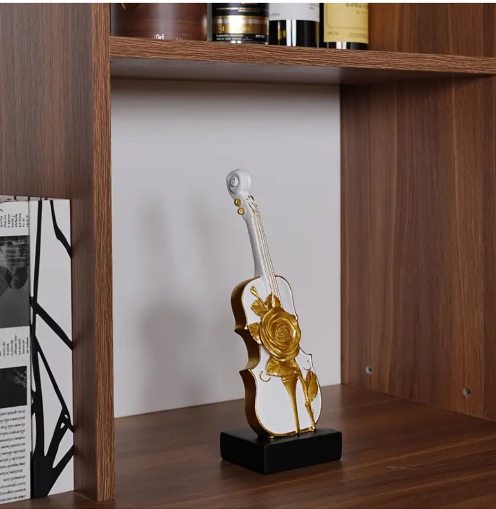 Elegant Golden Rose Violin Resin Sculpture
