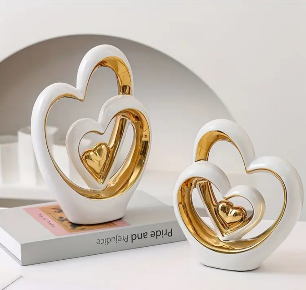 Classic Luxury Valentine Statues Set of 2 - Ceramic Heart Sculpture Vase Decor