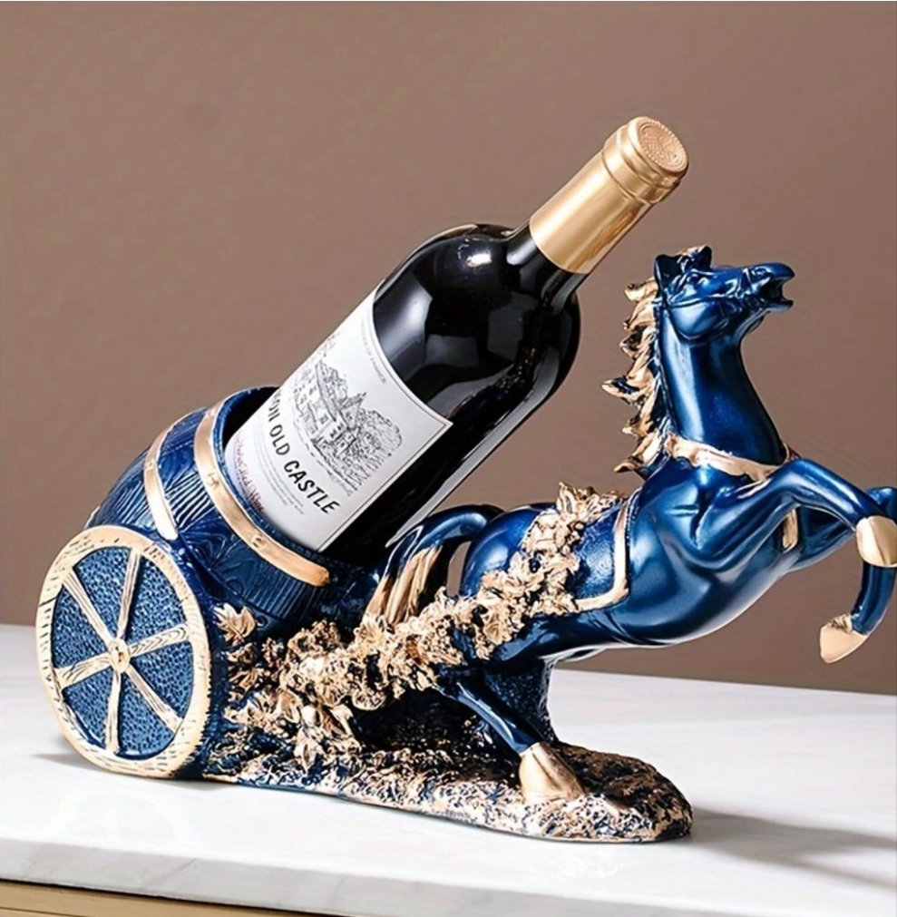 1pc Elegant European-Style Horse Wine Rack - Luxurious Blue and Golden Resin