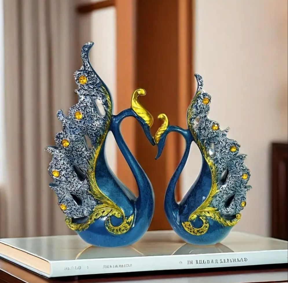 2pcs European-Style Resin Swan Sculpture Decorations, Golden And Blue Pair of Swans Statue